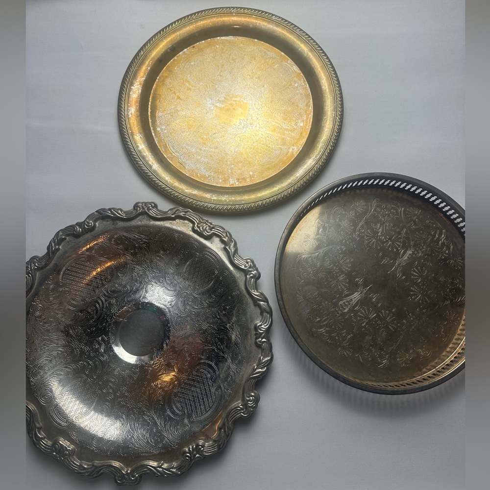 3 Elegant Silver plated vintage Serving Trays. Need to be polished.